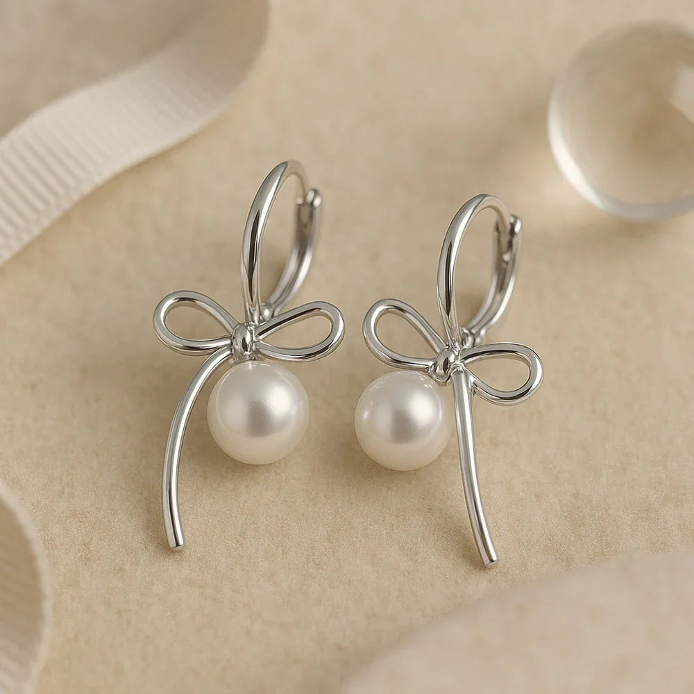 Ohrringe aus 925er Sterling-Silber, Creole mit Perle und Schleife