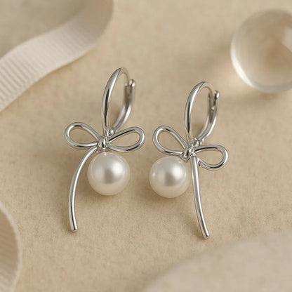 Ohrringe aus 925er Sterling-Silber, Creole mit Perle und Schleife