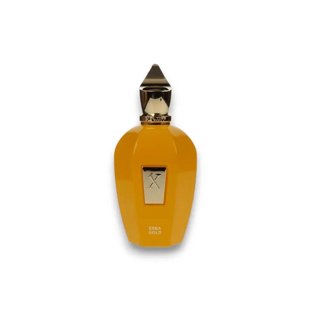 Luxuriöser Parfumflakon in Goldgelb mit goldener Verschlusskappe und Emblem, Aufschrift Erba Gold.