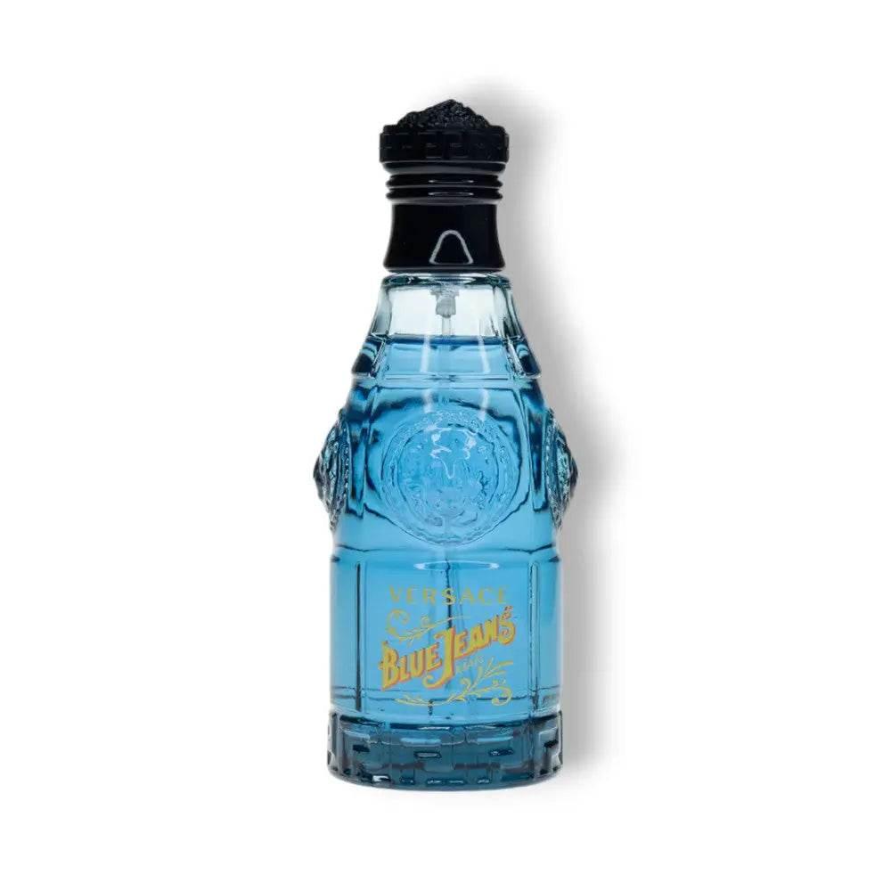 Blauer Flakon Versace Blue Jeans Eau de Toilette, Glasflasche mit goldener Schrift