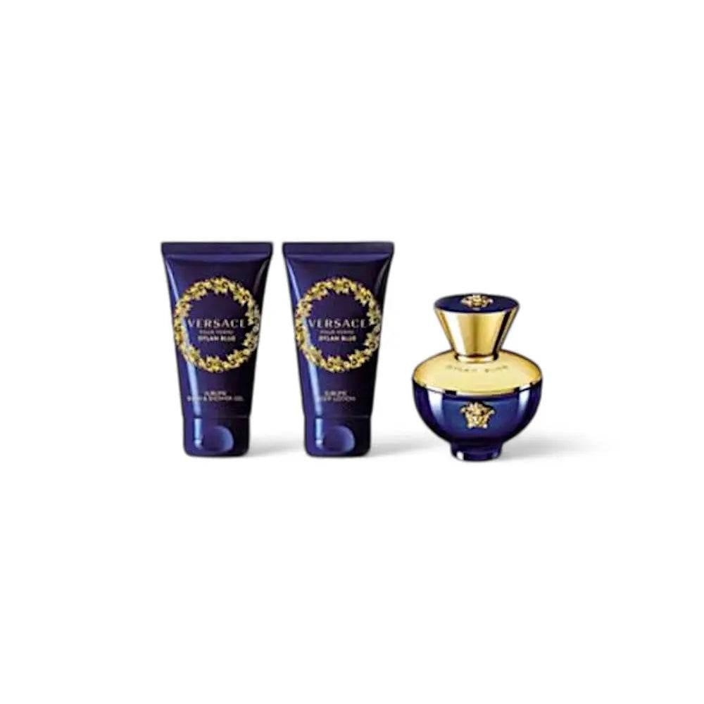 Versace Dylan Blue Pour Femme Duftset mit Eau de Parfum, Duschgel und Bodylotion in Blau-Gold