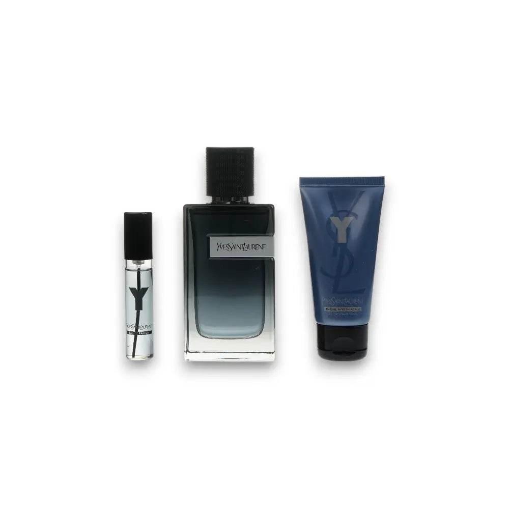 Y Parfum Geschenkset mit Eau de Parfum, Duschgel und Miniversion auf weißem Hintergrund