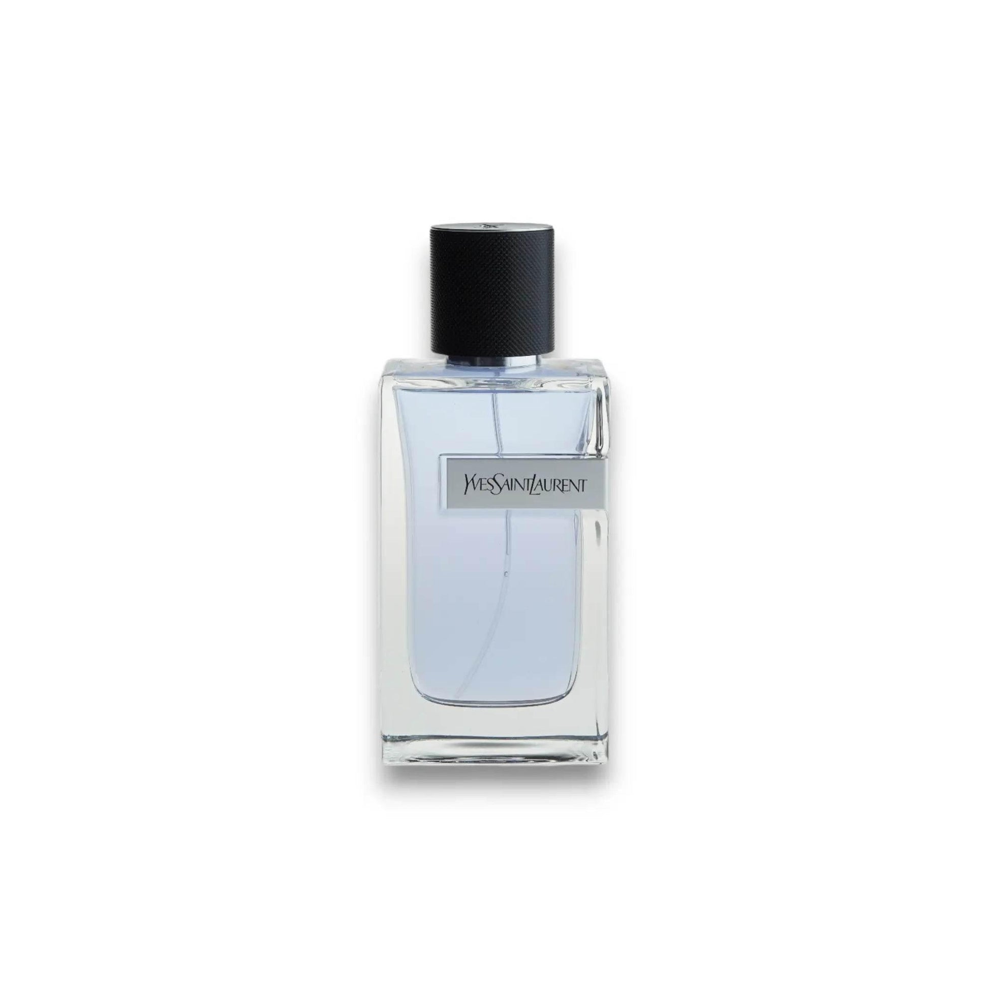 Edler, eckiger Parfumflakon mit hellblauem Duft und schwarzem Verschluss, Yves Saint Laurent Logo sichtbar