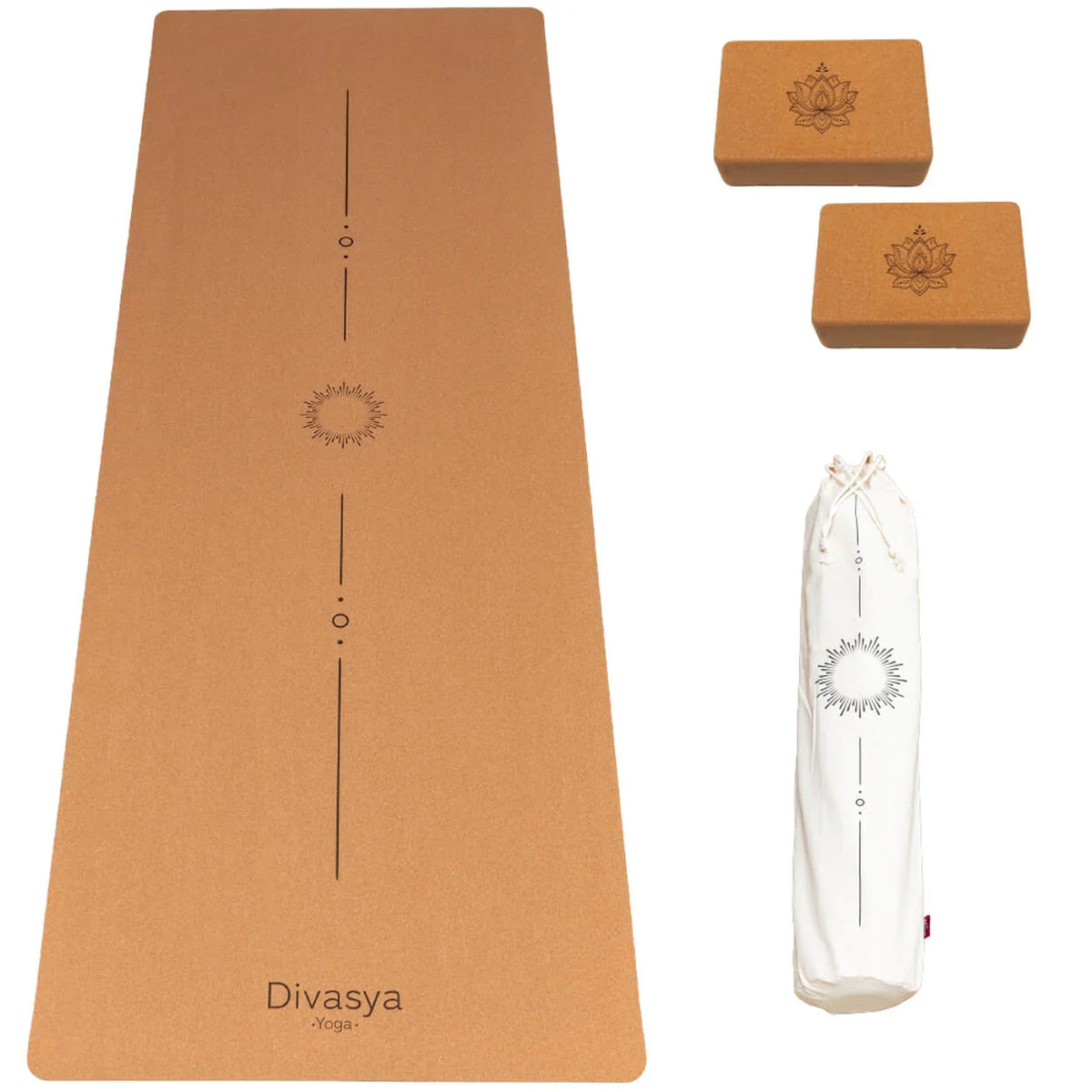 Yoga Set STARTER: Kork Yogamatte mit 2x Yogablock, Tragegurt, Schutzhülle