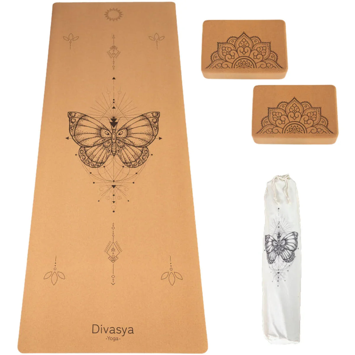 Yoga Set STARTER: Kork Yogamatte mit 2x Yogablock, Tragegurt, Schutzhülle