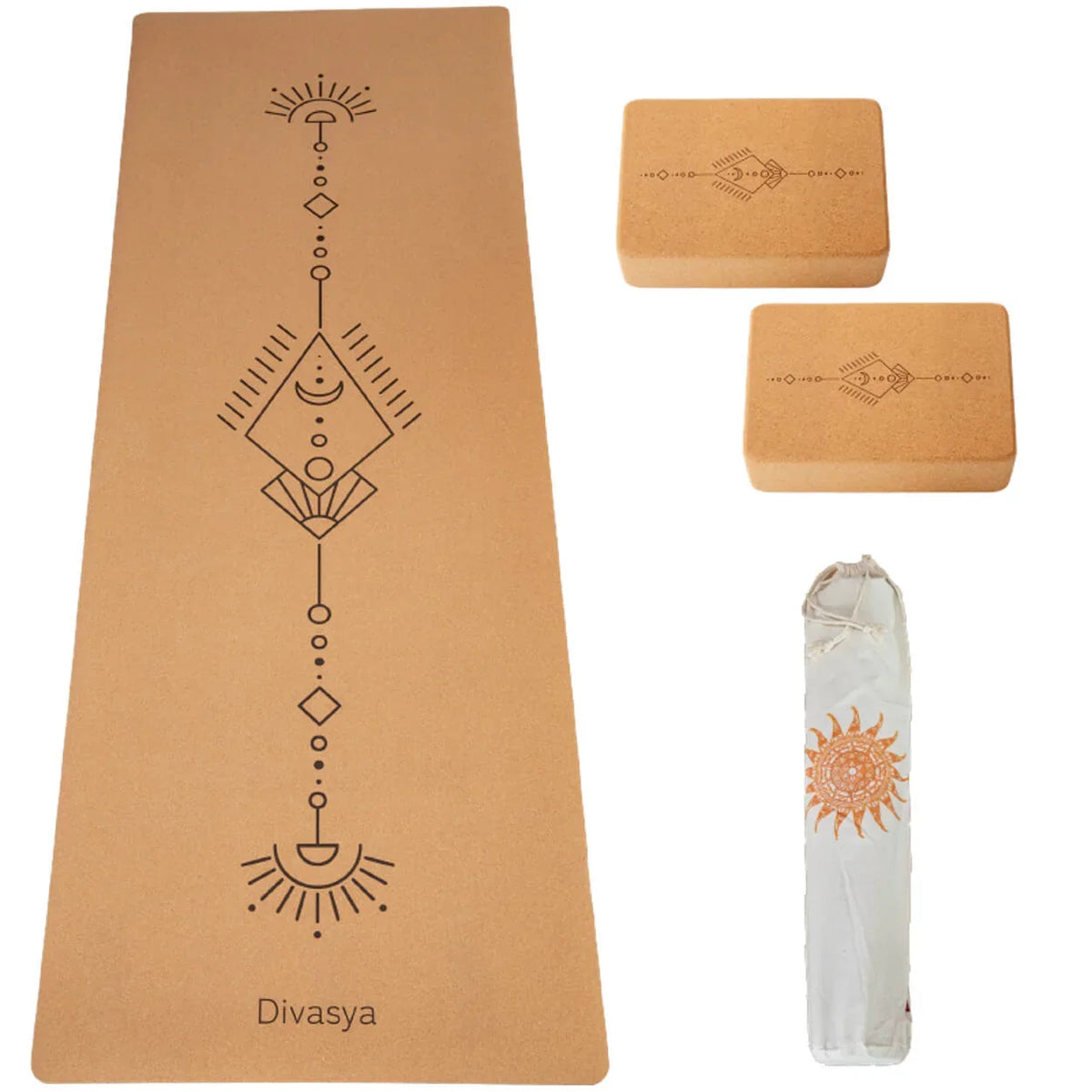 Yoga Set STARTER: Kork Yogamatte mit 2x Yogablock, Tragegurt, Schutzhülle