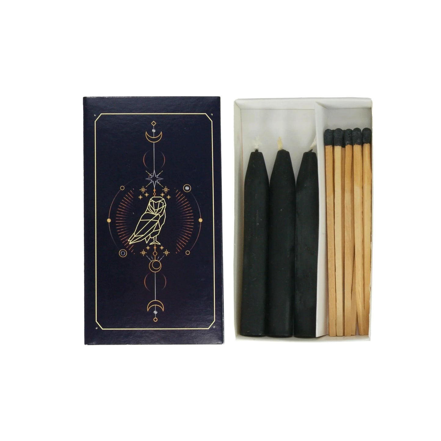 Ritual-Set „Die Eule – Hüterin der Geheimnisse“ – Schwarze Kerzen & lange Streichhölzer
