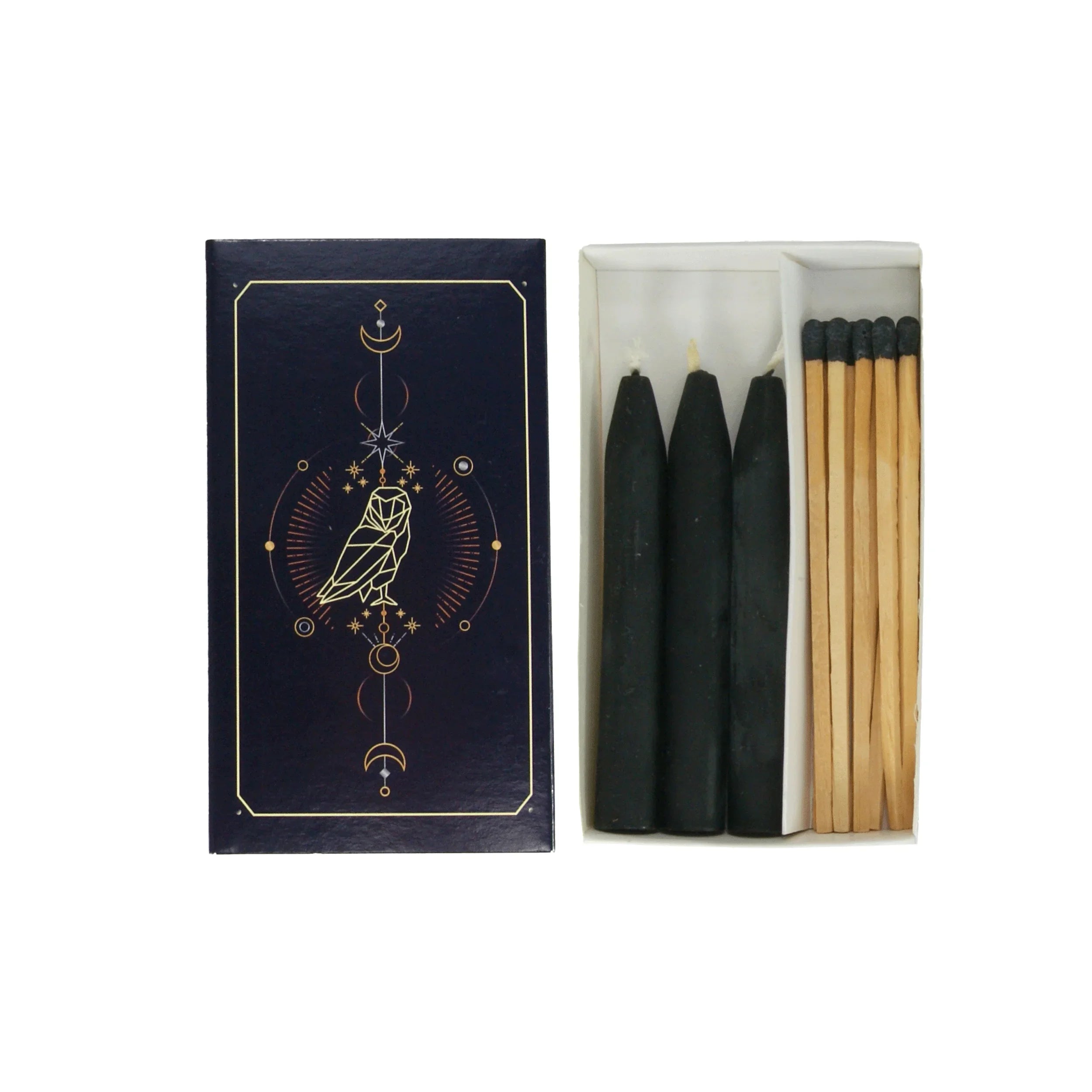 Ritual-Set „Die Eule – Hüterin der Geheimnisse“ – Schwarze Kerzen & lange Streichhölzer