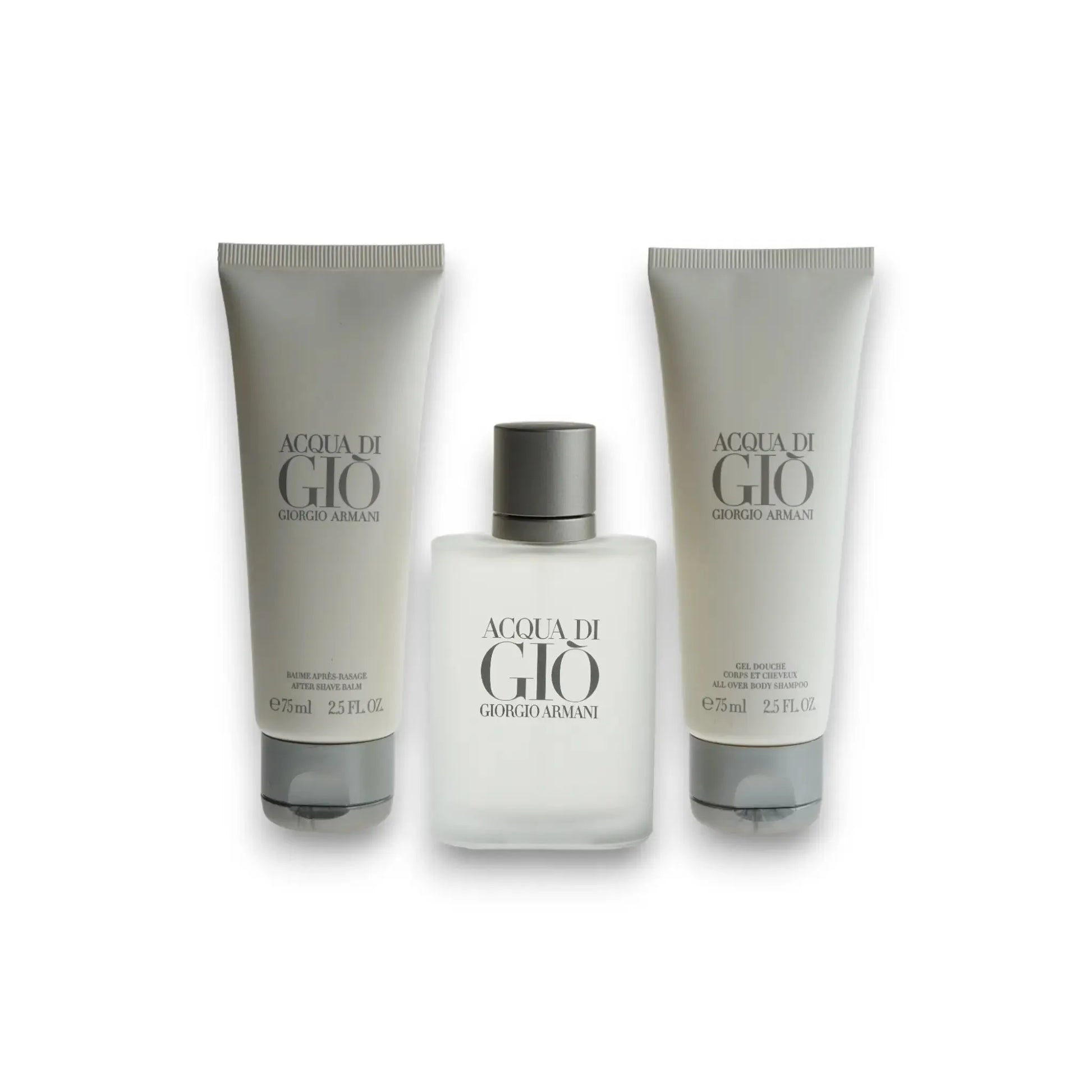 Acqua di Giò Duftset mit Eau de Toilette, After Shave Balsam und Duschgel, neutraler Hintergrund