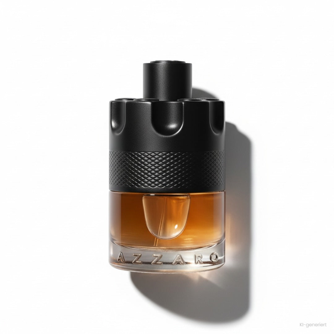 Azzaro The Most Wanted Le Parfum 50ml, schwarzer Flakon mit bernsteinfarbenem Duft vor weißem Hintergrund