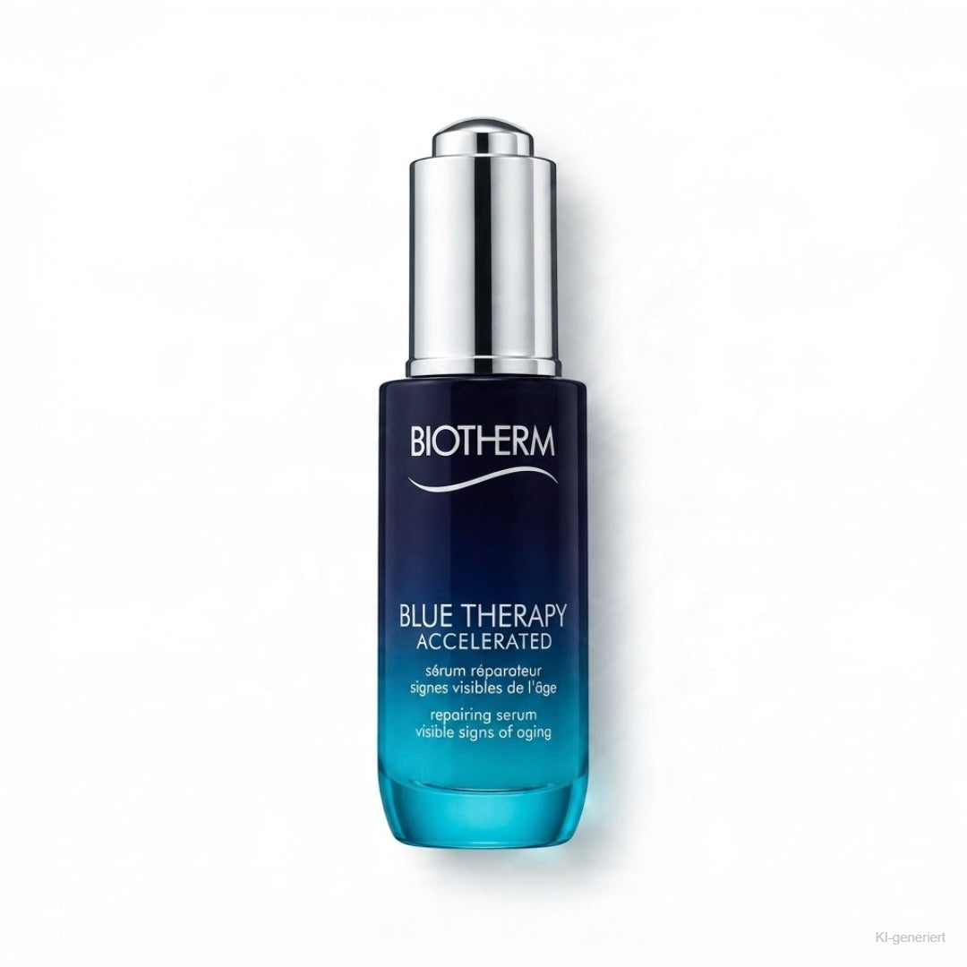 Biotherm Blue Therapy Accelerated Repairing Serum 30 ml – Pipettenflasche in Marineblau und Türkis freigestellt auf weißem Hintergrund
