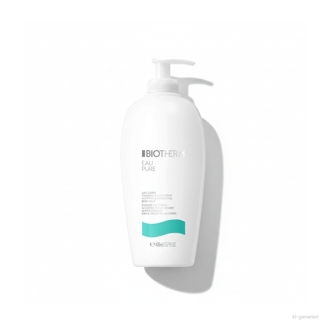 Biotherm Eau Pure Vivifying & Hydrating Body Milk 400ml, weiße Pumpflasche vor weißem Hintergrund