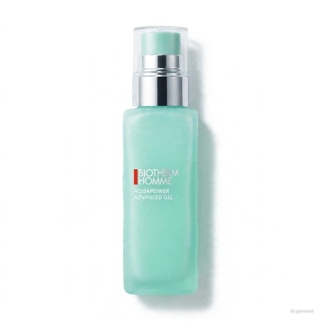 Biotherm Homme Aquapower Advanced Gel 75 ml – türkisfarbene Pumpflasche mit Silberpumpe freigestellt auf weißem Hintergrund