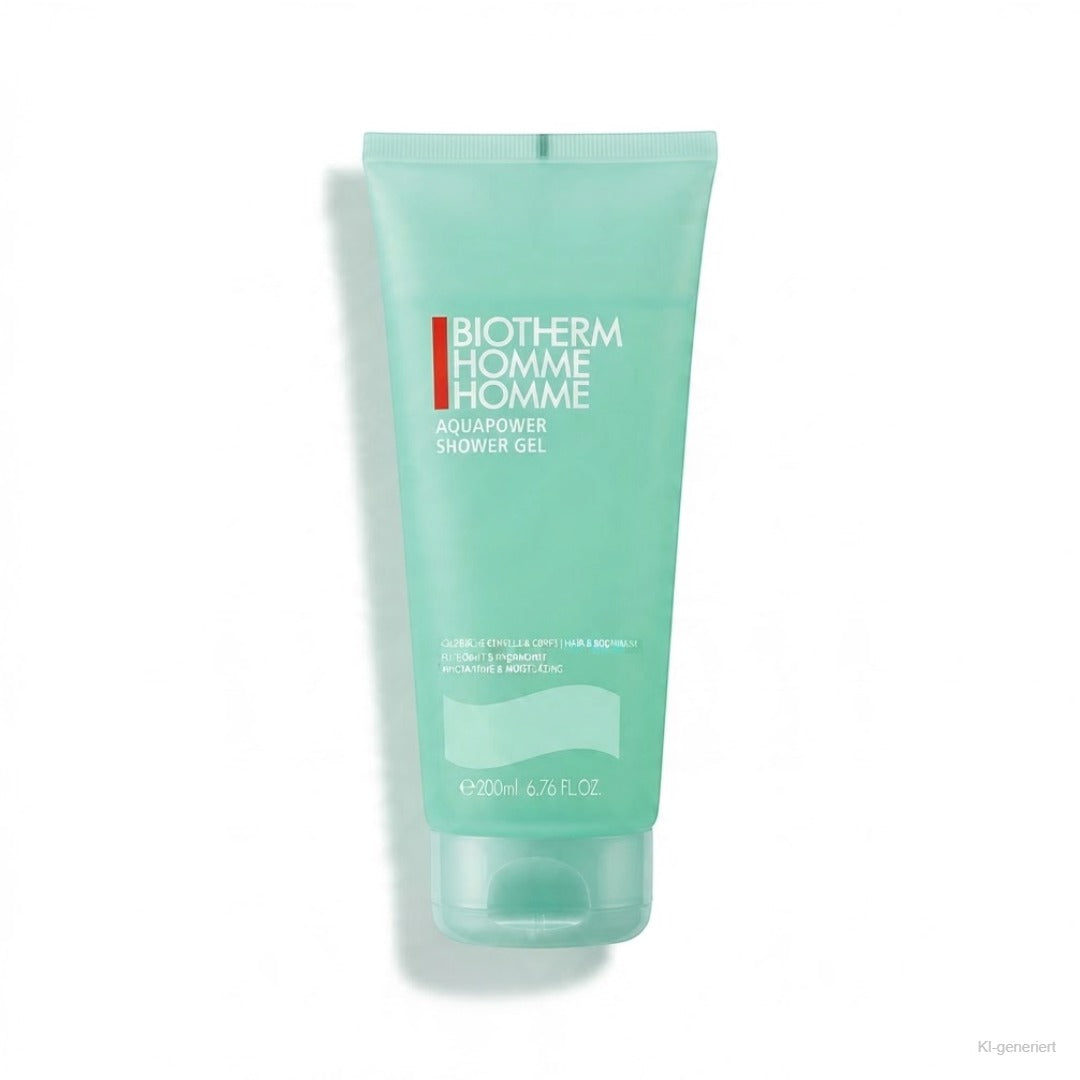 Biotherm Homme Aquapower Duschgel 200 ml – mintgrüne Tube freigestellt auf weißem Hintergrund