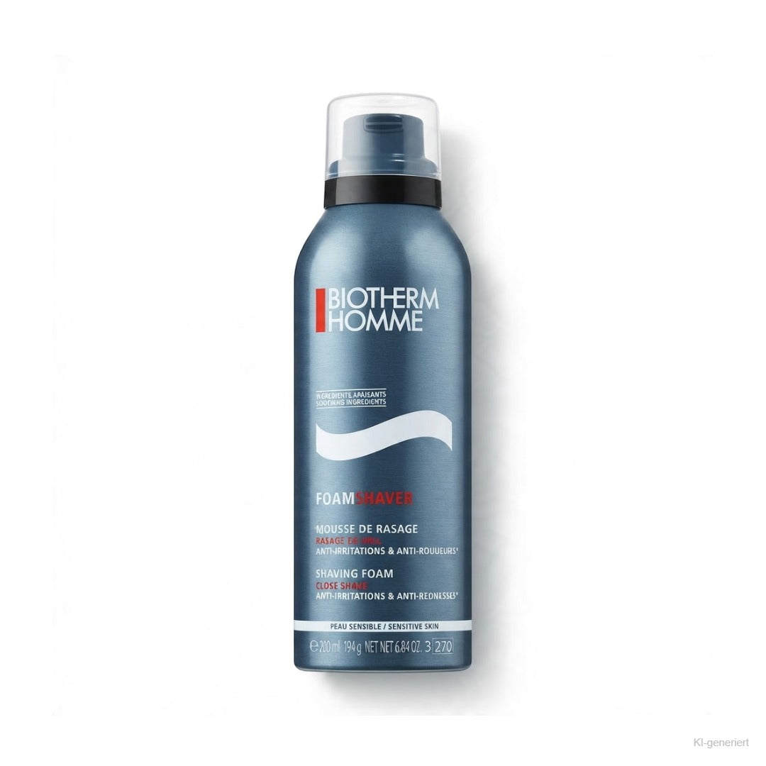 Biotherm Homme Foam Shaver Rasierschaum für empfindliche Haut 200 ml – blaue Spraydose freigestellt auf weißem Hintergrund