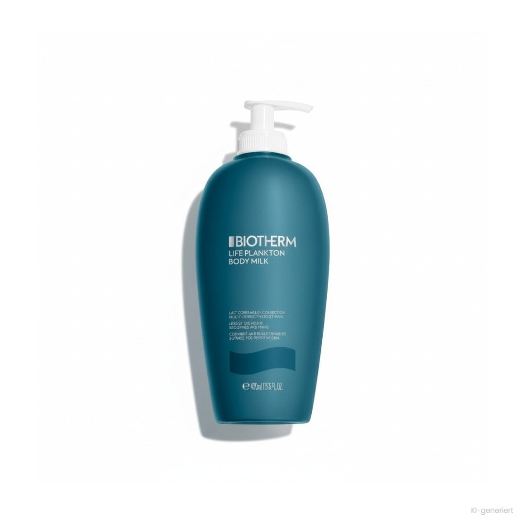 Biotherm Life Plankton Multi-Corrective Body Milk 400 ml, türkisfarbene Pumpflasche, Produktfoto auf weißem Hintergrund