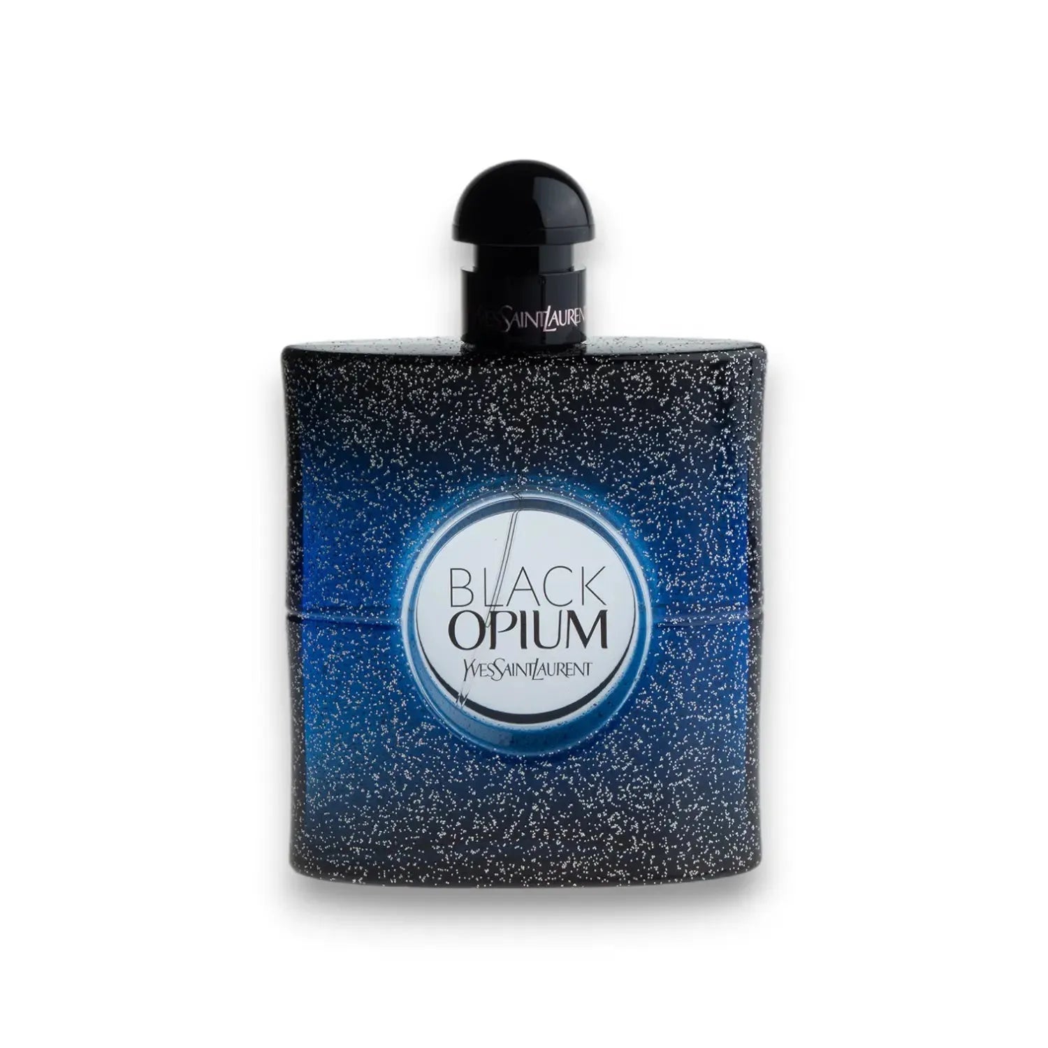 Schwarzer Parfumflakon mit blauem Farbverlauf und silbernen Akzenten, Produktname sichtbar