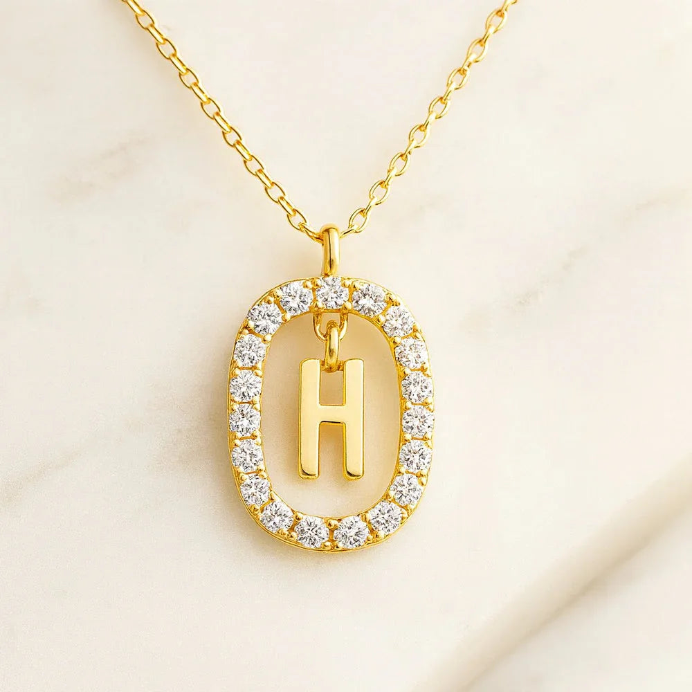 Kette mit Anhänger aus 925er Sterling-Silber, verschiedene Buchstaben im Strasskreis, 45cm