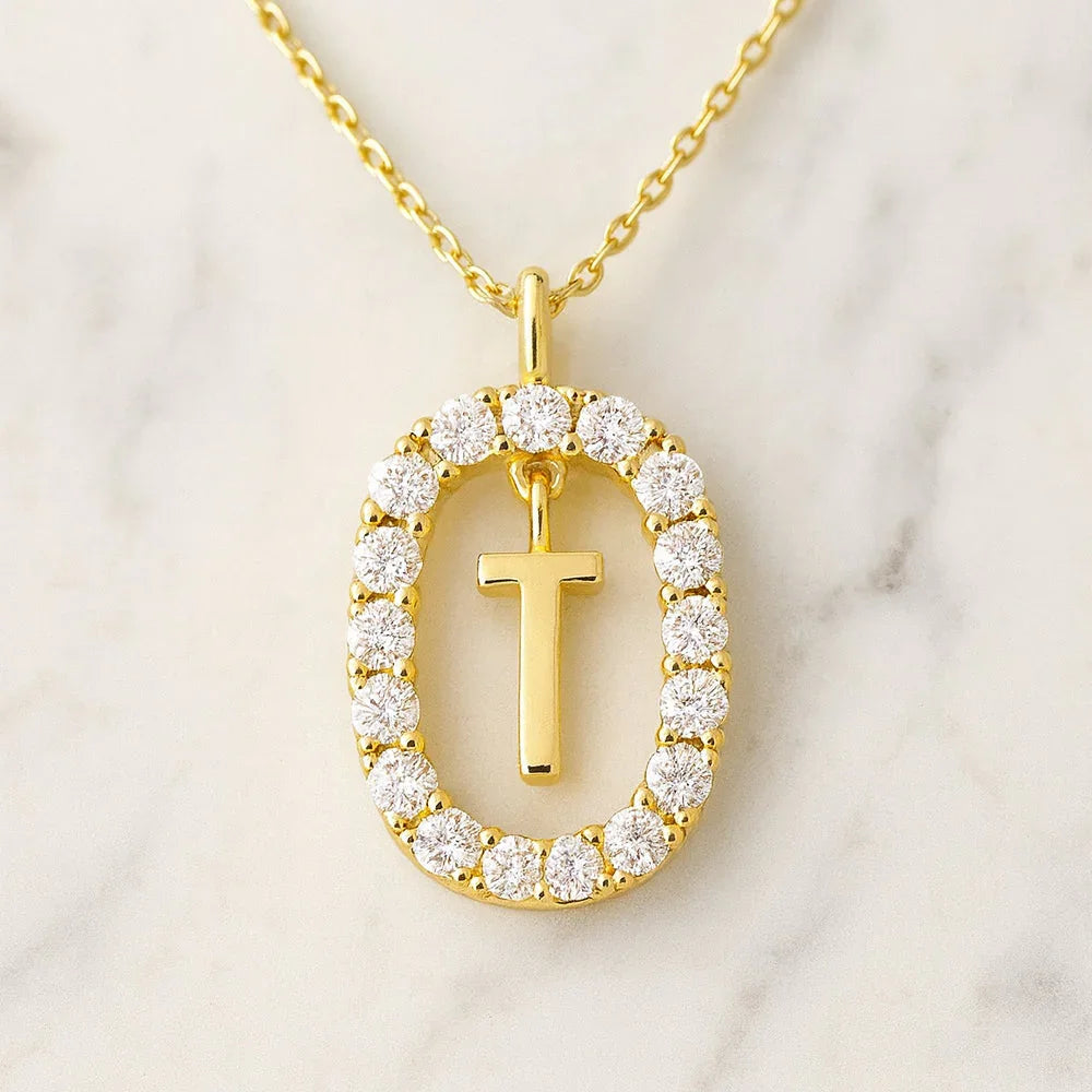 Kette mit Anhänger aus 925er Sterling-Silber, verschiedene Buchstaben im Strasskreis, 45cm