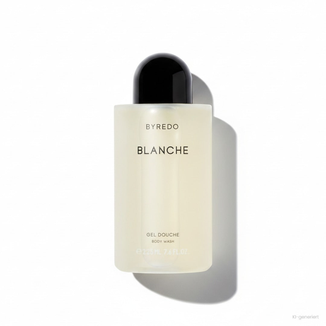 Byredo Blanche Body Wash 225 ml, Flasche mit cremefarbenem Duschgel und schwarzer Kappe