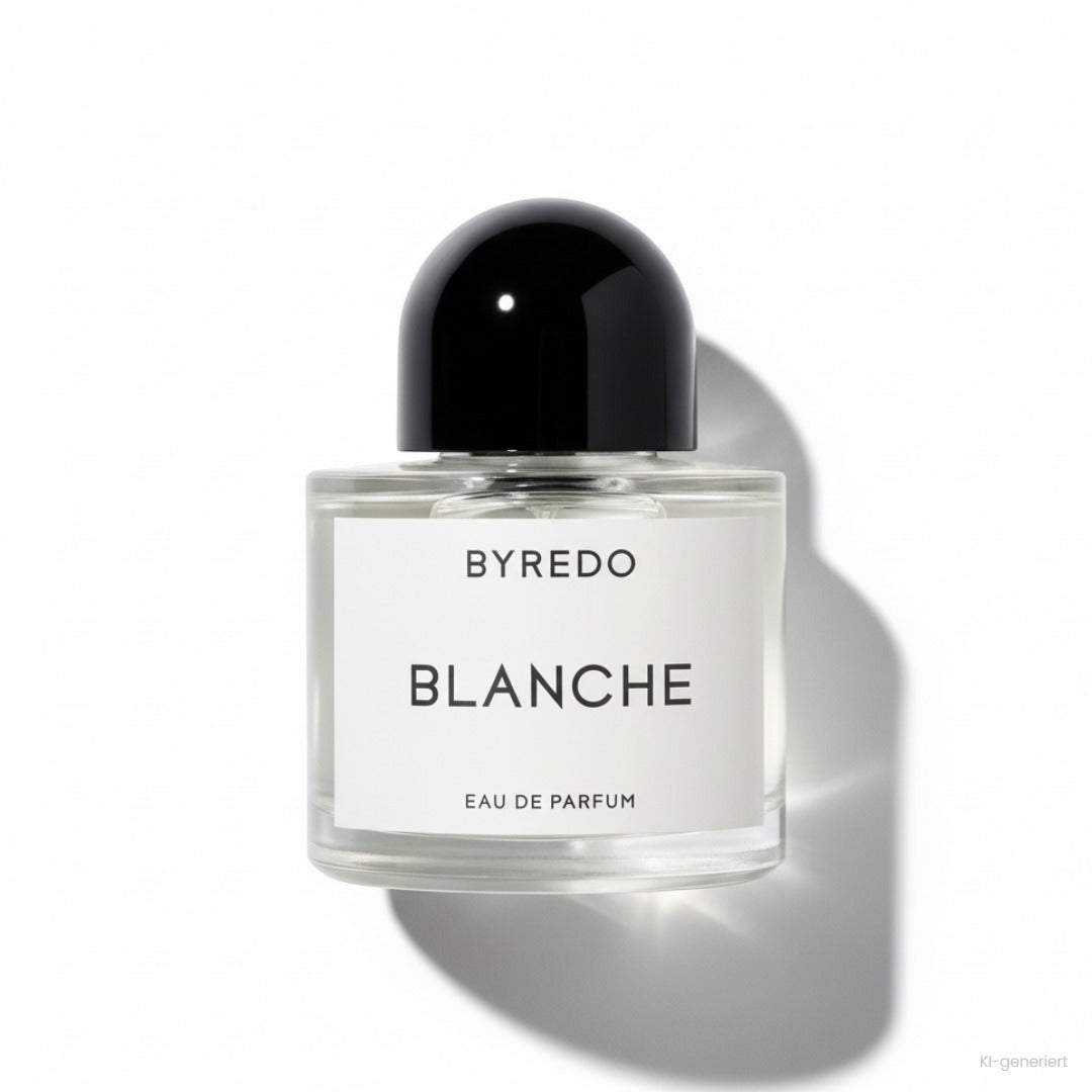 Byredo Blanche Eau de Parfum 50 ml, Flakon mit schwarzer Kappe und weißem Etikett