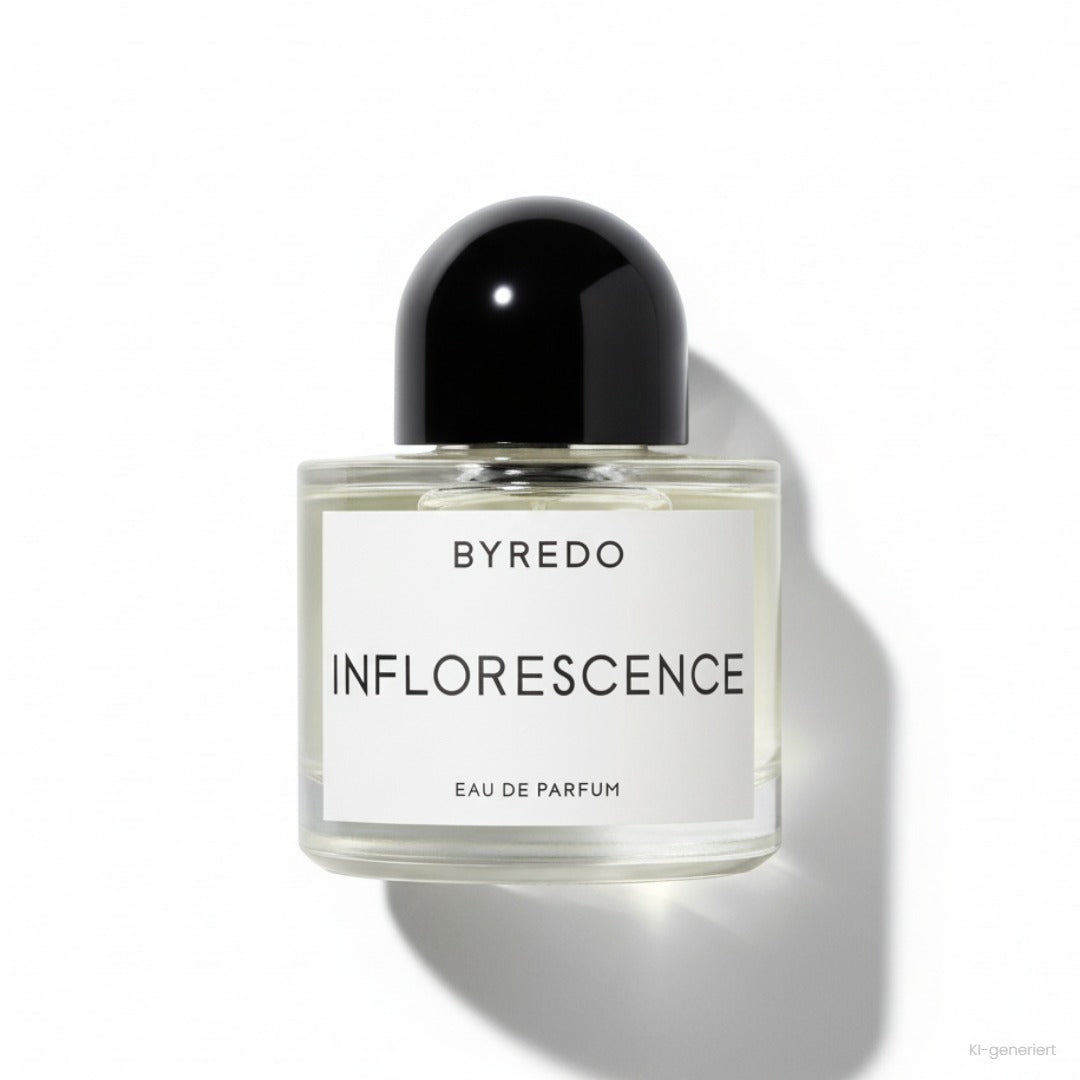 Byredo Inflorescence Eau de Parfum 50 ml, Flakon mit schwarzer Kappe und weißem Etikett