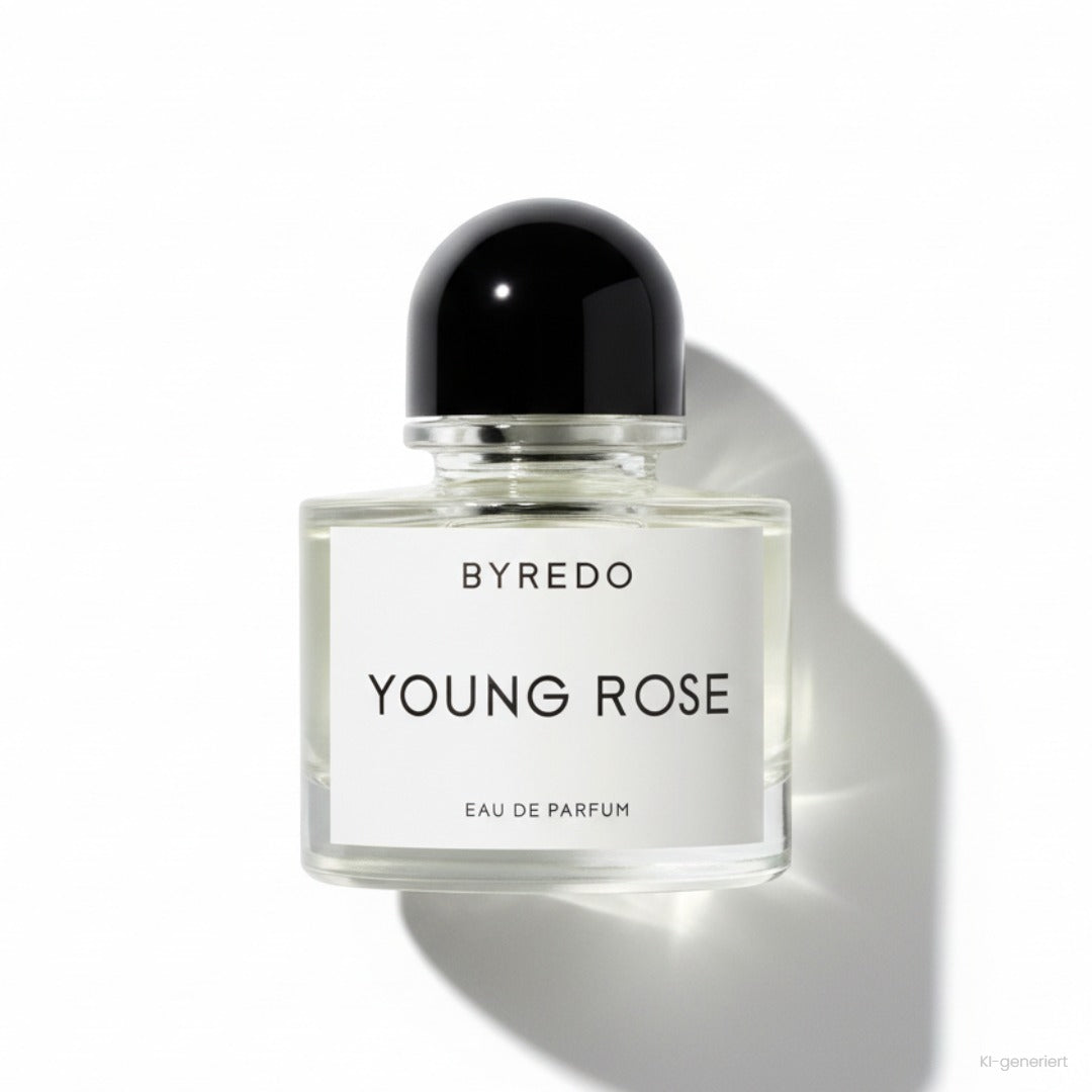 Byredo Young Rose Eau de Parfum 50 ml, Flakon mit schwarzer Kappe und weißem Etikett