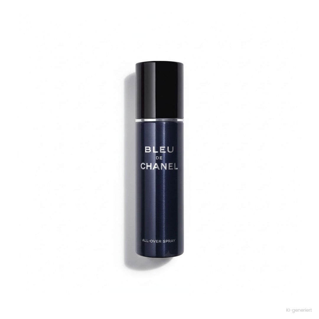 Chanel Bleu de Chanel All-Over Spray 100 ml, dunkelblaue Dose mit schwarzem Deckel, Produktfoto auf weißem Hintergrund