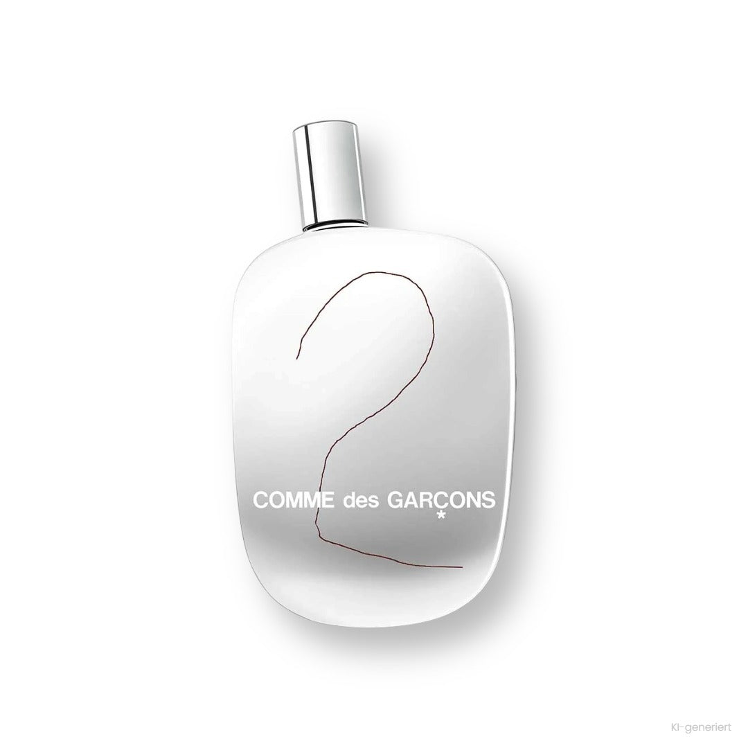 Comme des Garçons 2 Eau de Parfum, weißer Flakon mit silberner Kappe und aufgedruckter 2