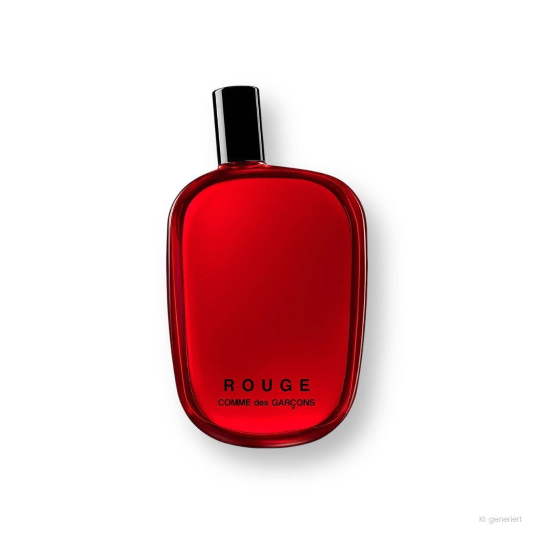 Comme des Garçons Rouge Eau de Parfum, roter Flakon mit schwarzer Kappe und Schriftzug