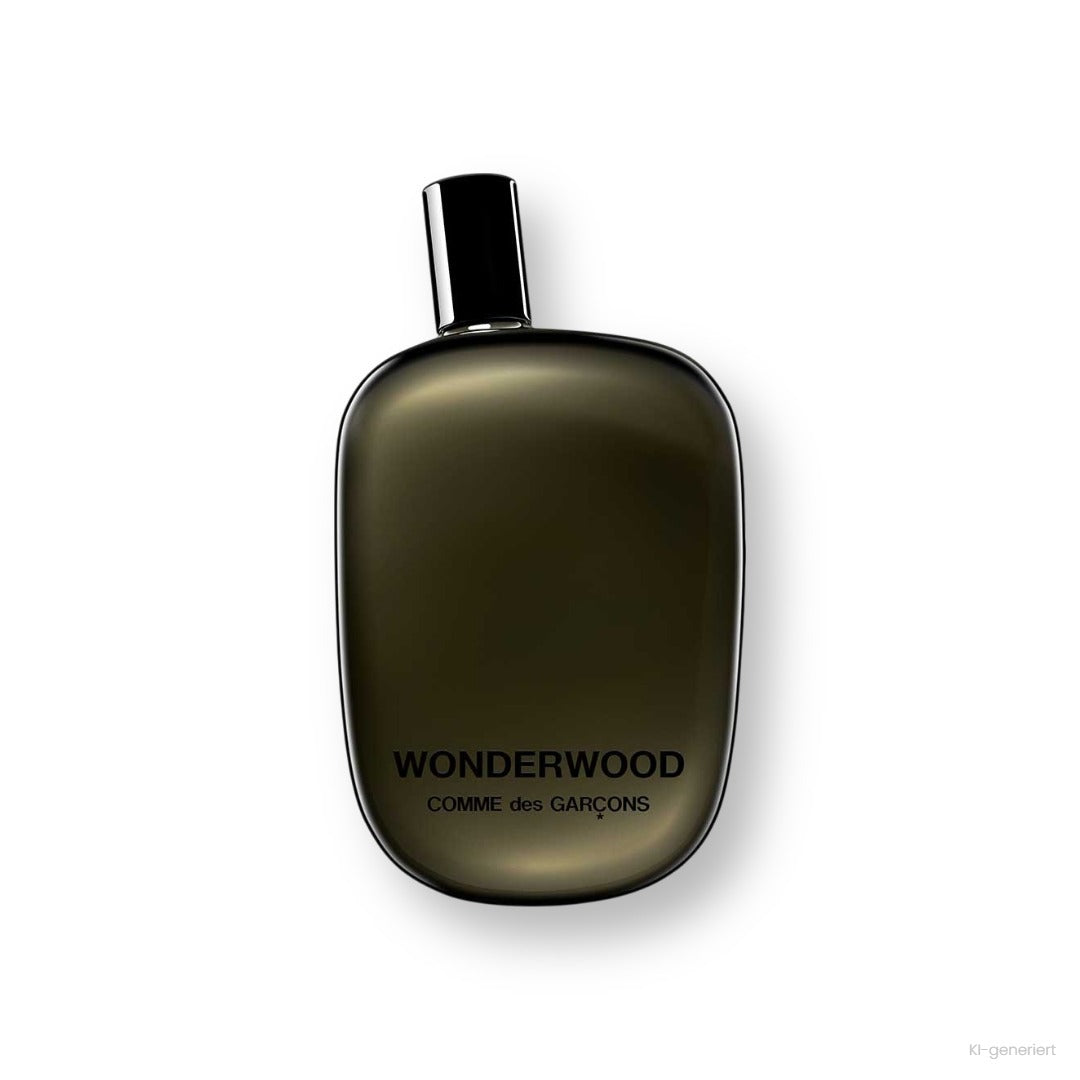 Comme des Garçons Wonderwood Eau de Parfum, dunkler olivgrüner Glasflakon mit schwarzer Kappe und Schriftzug