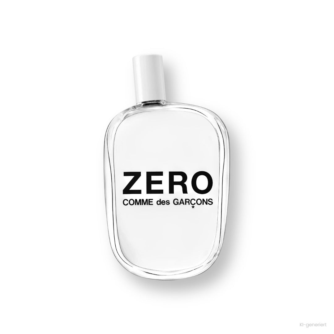 Comme des Garçons Zero Eau de Parfum, klarer Glasflakon mit weißer Kappe und schwarzem ZERO-Schriftzug