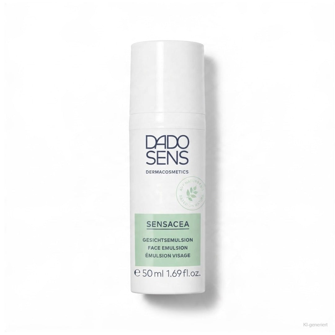 Dado Sens Sensacea Gesichtsemulsion 50 ml – weiße Airless-Flasche mit grünem Etikett freigestellt auf weißem Hintergrund