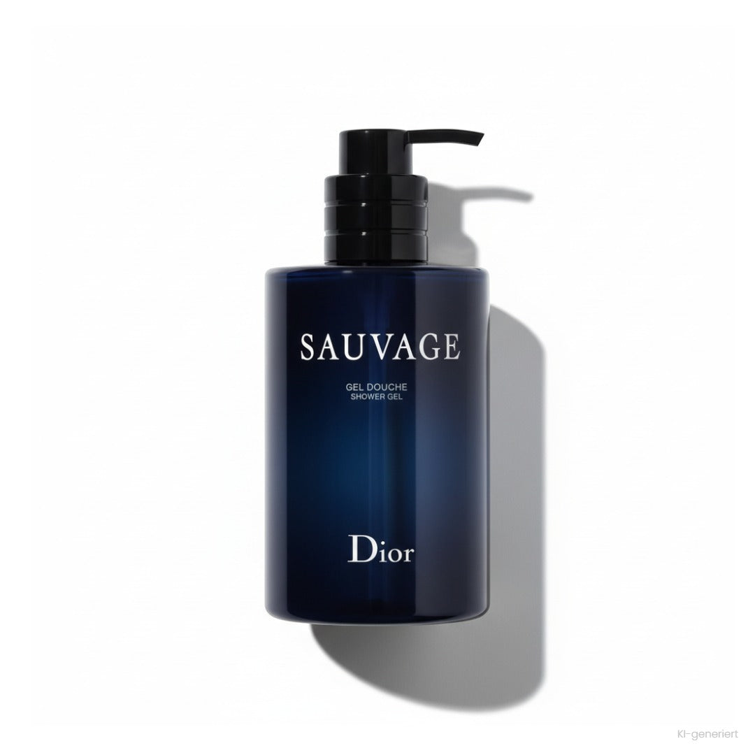 Dior Sauvage Gel Douche 250 ml, dunkelblaue Pumpflasche mit schwarzem Spender