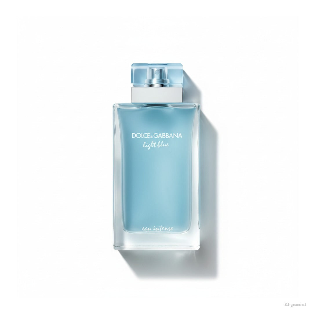 Dolce & Gabbana Light Blue Eau Intense Eau de Parfum 100ml – liegende Flasche mit hellblauem Duft, freigestellt auf weißem Hintergrund