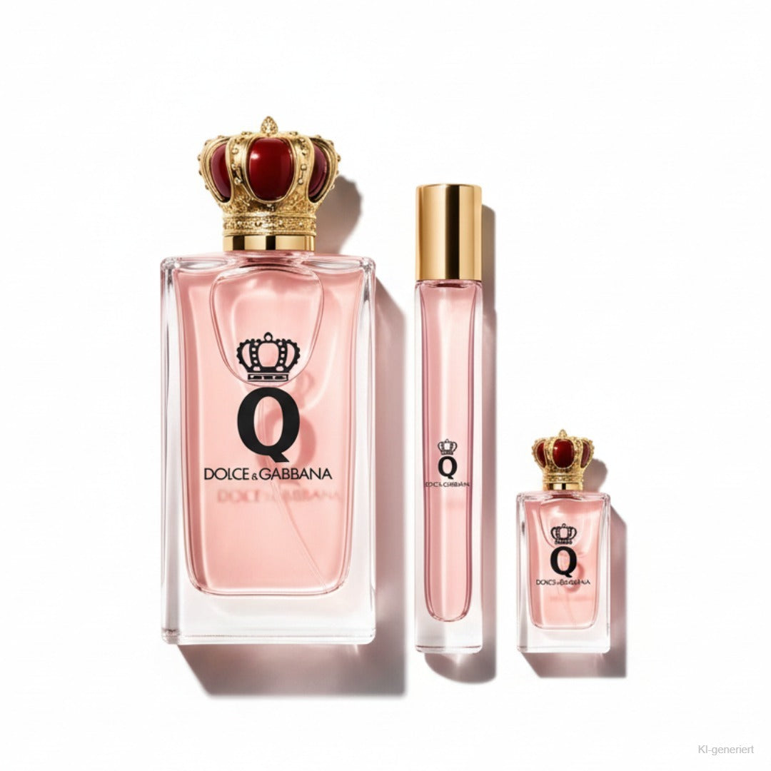 Dolce & Gabbana Q Eau de Parfum Geschenkset – 100ml, 10ml und 5ml Flakons liegend freigestellt auf weißem Hintergrund