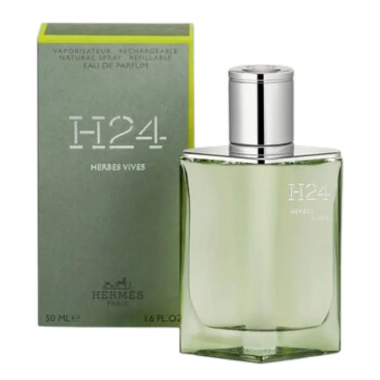 Hermès H24 Herbes Vives Eau de Parfum Flakon und Verpackung in Hellgrün