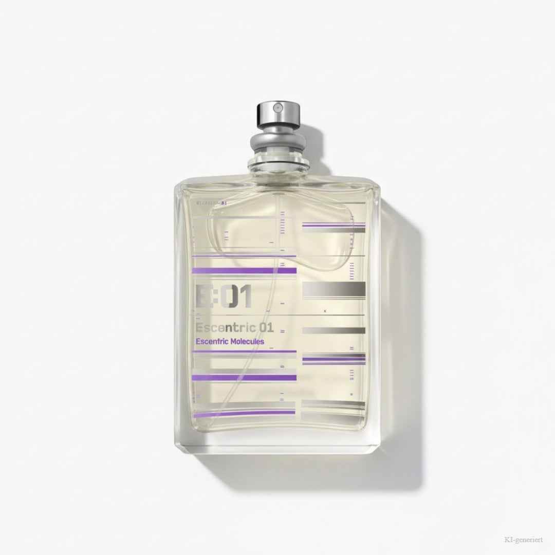 Escentric Molecules 01 Eau de Toilette 100ml – liegende Flasche, freigestellt auf weißem Hintergrund