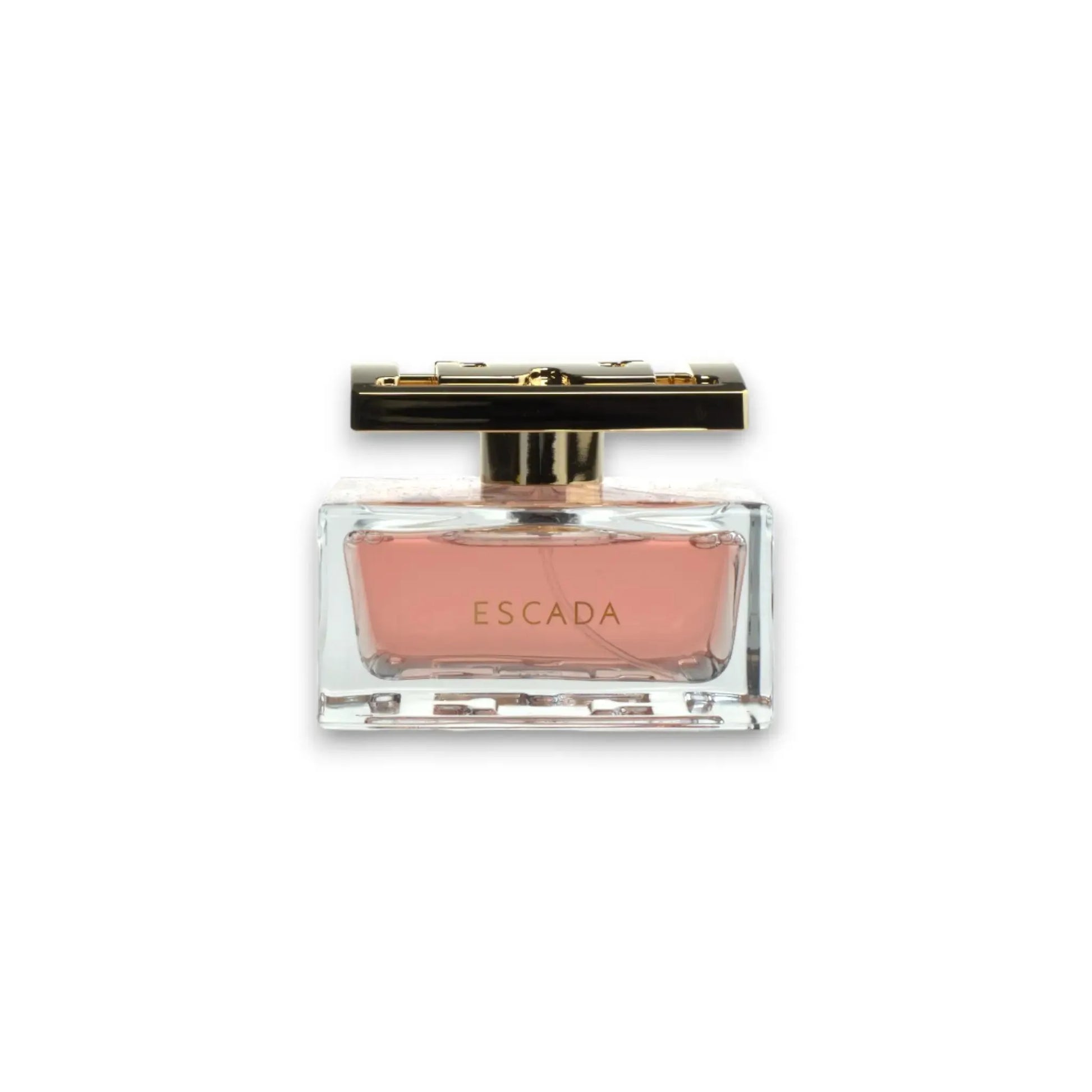 Luxuriöser Escada Eau de Parfum Flakon mit rosa Duft, goldener Verschluss, klarer Hintergrund