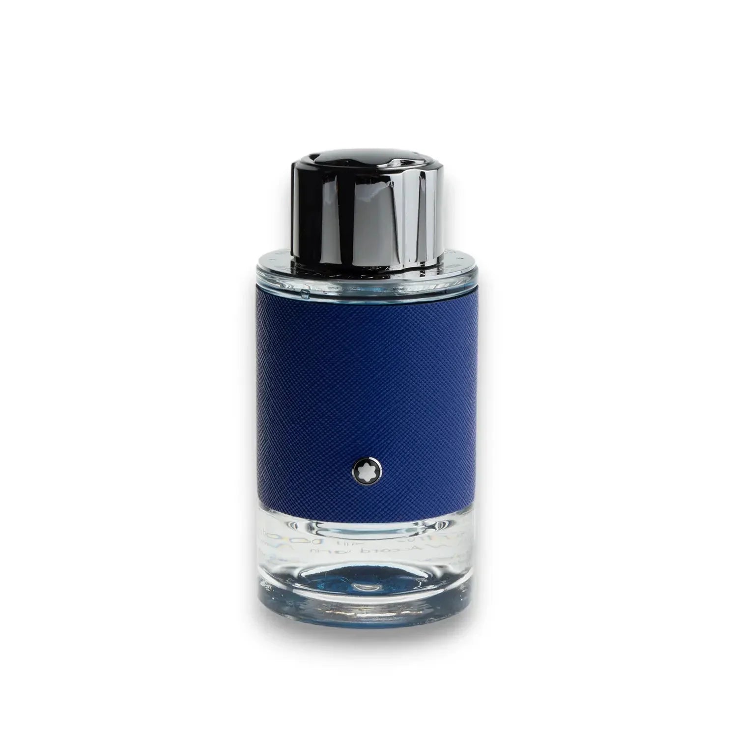 Luxuriöser Parfumflakon mit blauem Leder und silbernem Verschluss freigestellt