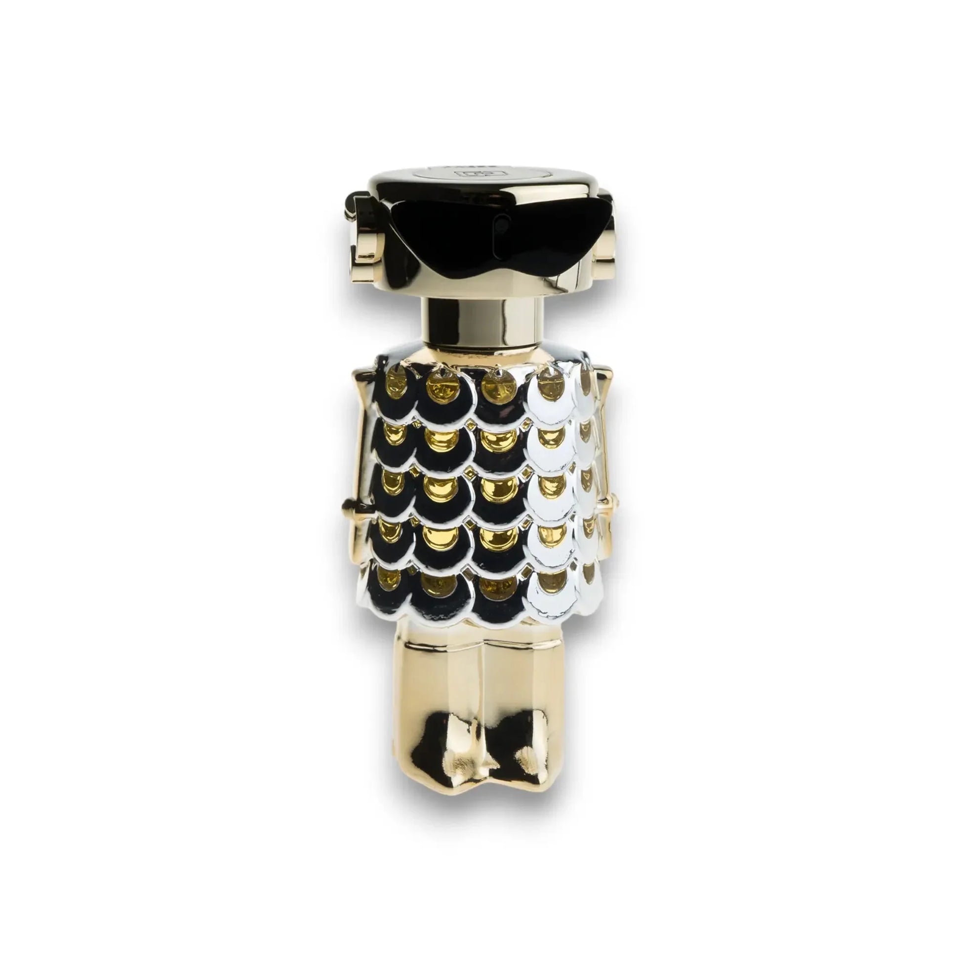 Luxuriöser Parfumflakon in goldener Roboterform mit glänzender Schuppenoptik, freigestellt
