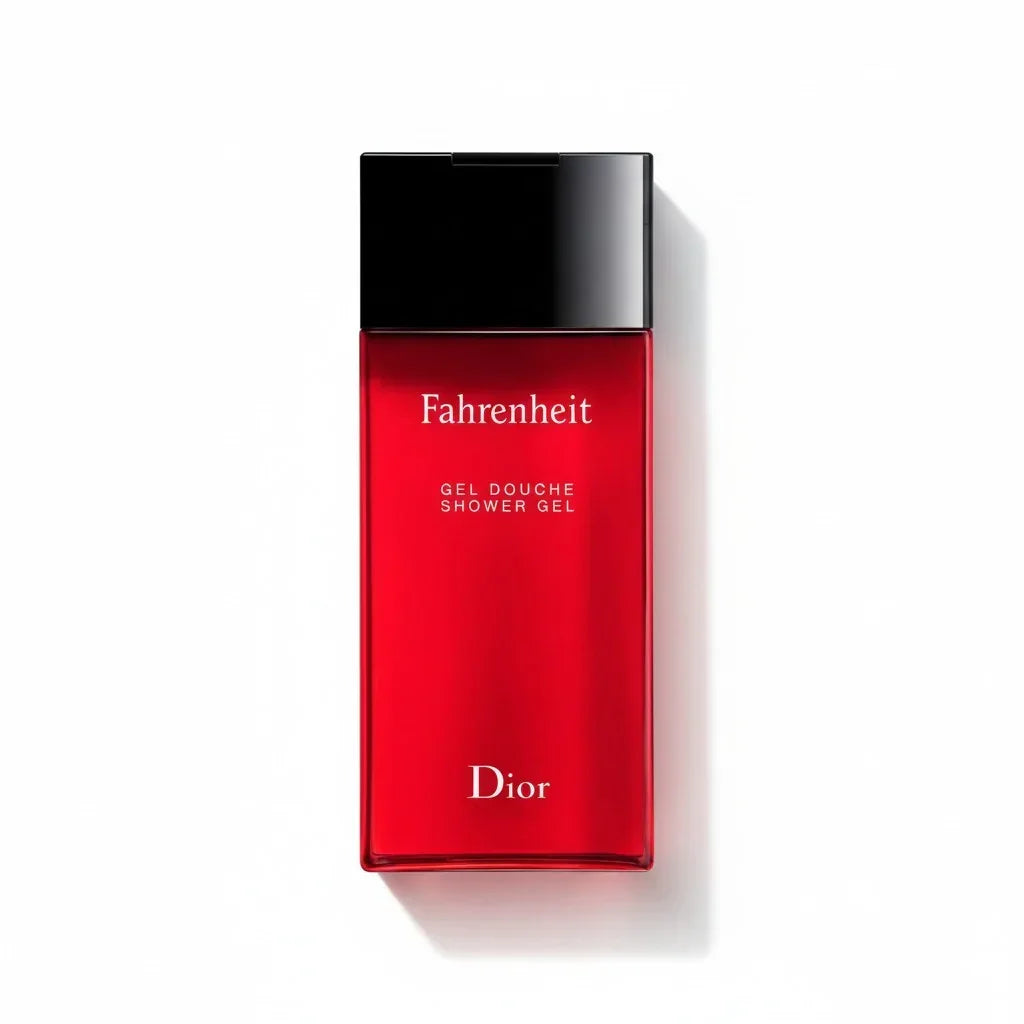 Dior Fahrenheit Duschgel in einer roten Flasche mit schwarzem Verschluss auf weißem Hintergrund