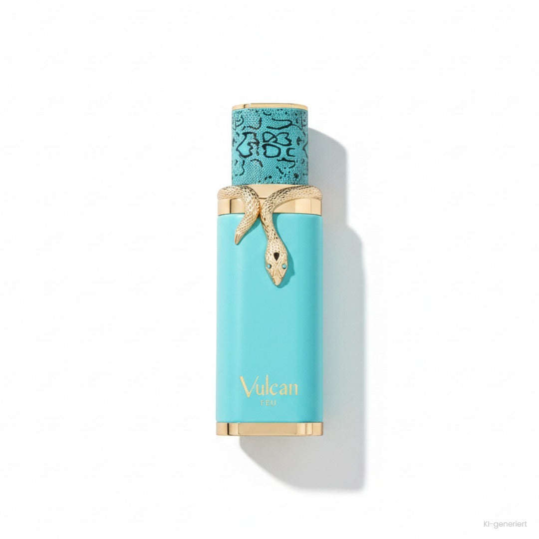 French Avenue Vulcan Feu Eau de Parfum 100 ml, türkisfarbene Flakon mit goldener Schlange, Produktfoto auf weißem Hintergrund