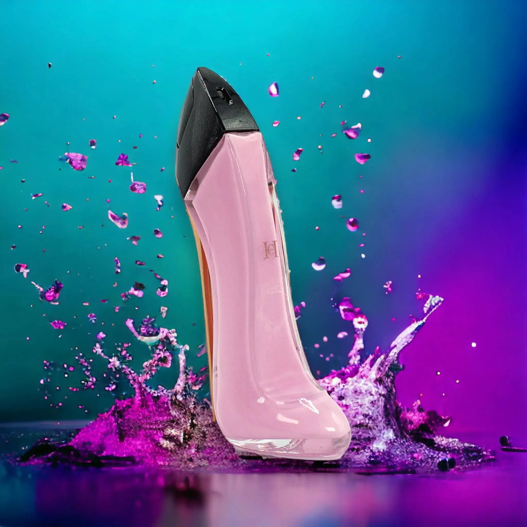 Parfümflakon in High Heel Form, rosa und schwarz, mit lilafarbigen Wasserspritzern, luxuriöses Eau de Parfum