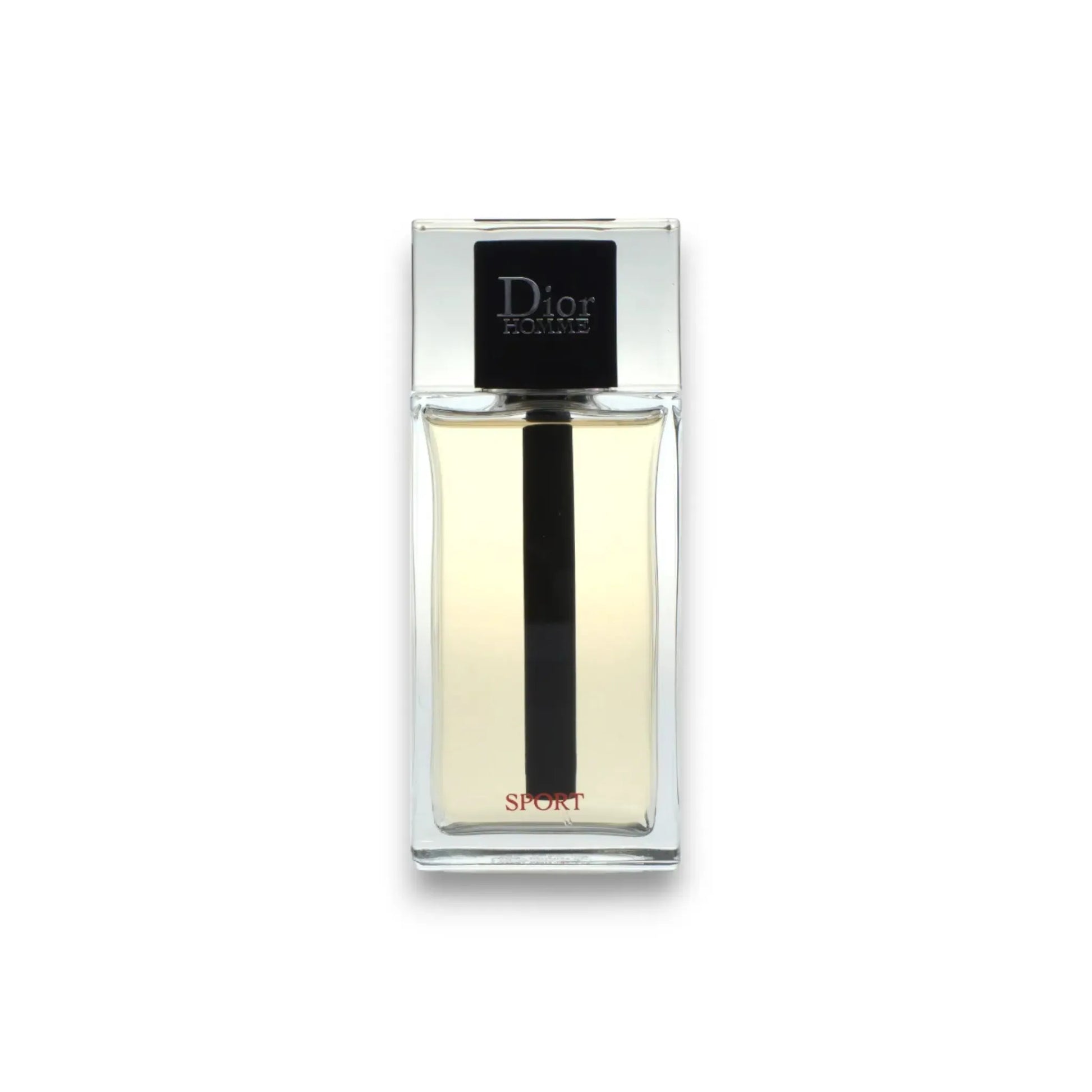 Klarglasflakon Dior Homme Sport Eau de Toilette mit schwarzem Verschluss, isoliert vor weißem Hintergrund.