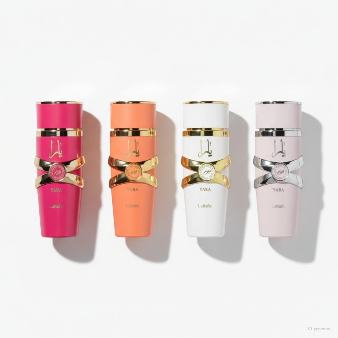Lattafa Yara Collection Geschenkset – vier Eau de Parfum Flakons je 25ml, liegend freigestellt auf weißem Hintergrund