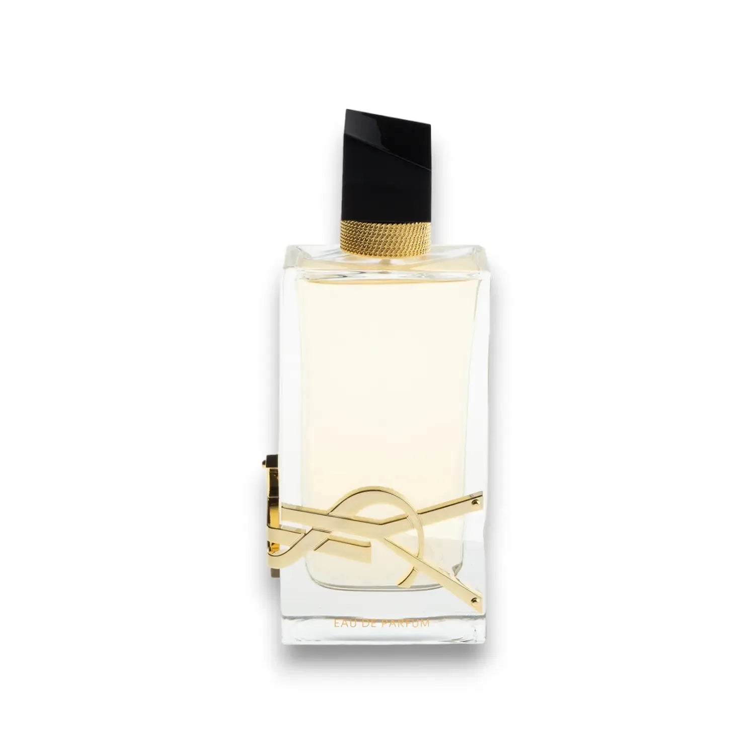 Luxuriöser Parfumflakon mit goldener Verzierung und schwarzem Verschluss, Eau de Parfum