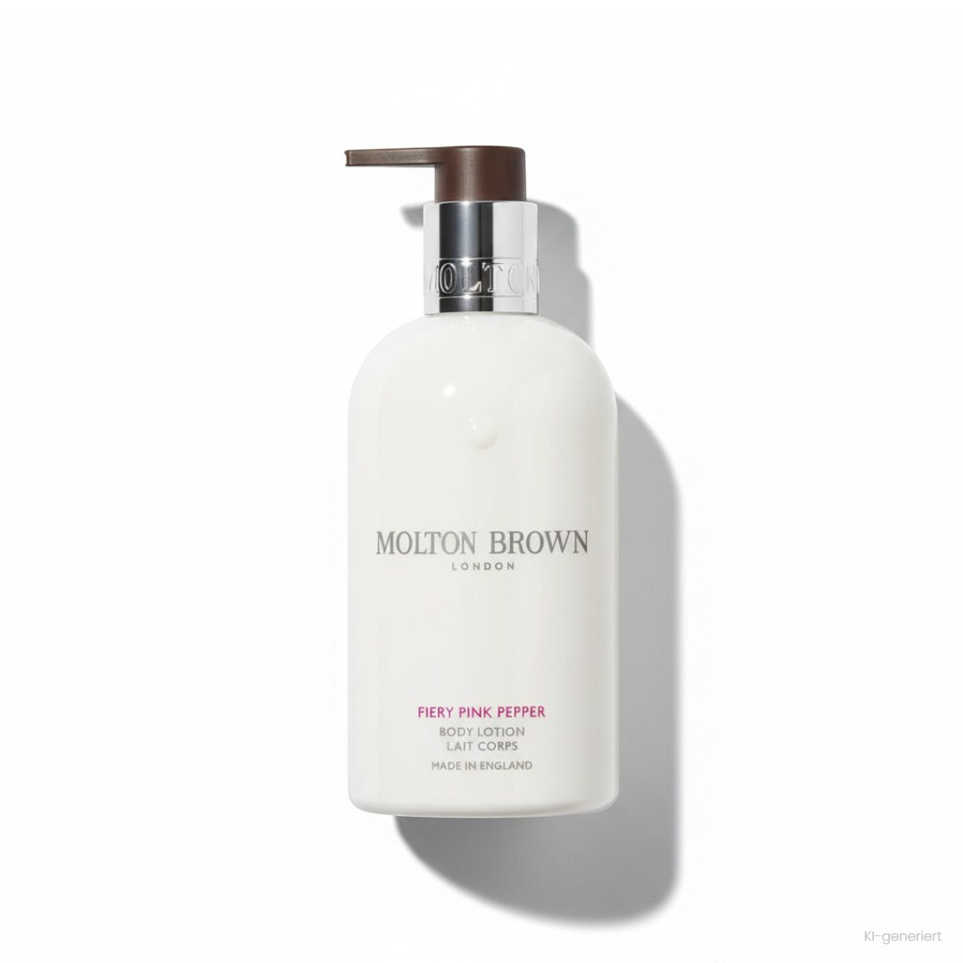 Molton Brown Fiery Pink Pepper Body Lotion 300 ml, weiße Pumpflasche mit braunem Pumpkopf