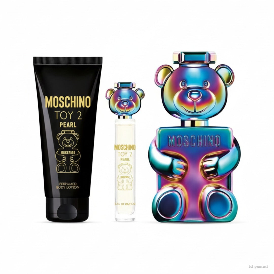 Moschino Toy 2 Pearl Eau de Parfum Geschenkset – Bodylotion, Mini-EdP und Eau de Parfum 100ml, freigestellt auf weißem Hintergrund