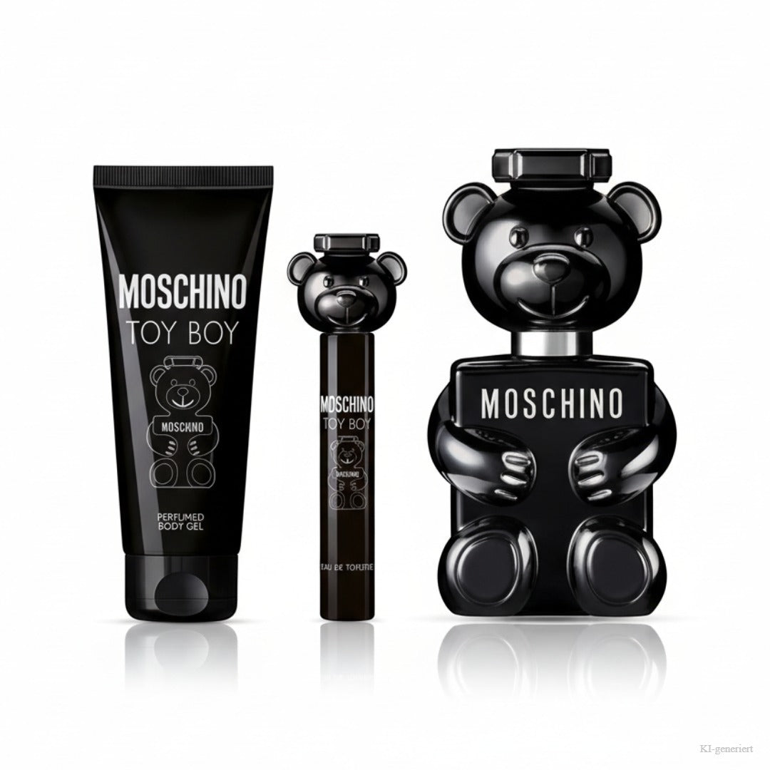Moschino Toy Boy Eau de Parfum Geschenkset – Duschgel, Mini-EdT und Eau de Parfum 100ml, freigestellt auf weißem Hintergrund